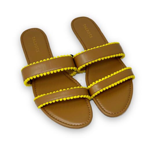 NEW Talbots Yellow Pom Pom Slide Sandals Tan Vegan Leather sz 11 M - Picture 1 of 9
